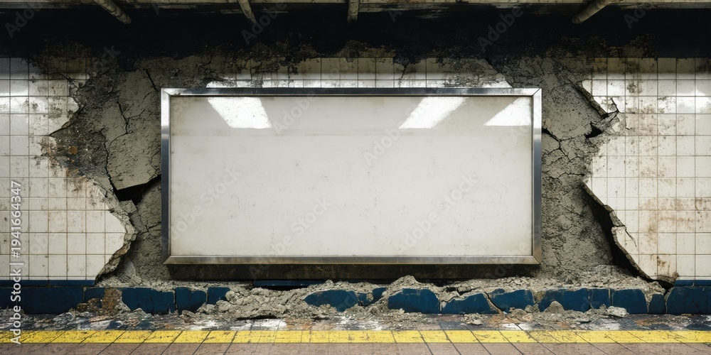 Fototapeta premium Subway station wall damaged. Blank billboard visible amidst crumbling tiles, concrete debris. Dim lighting creates somber mood.