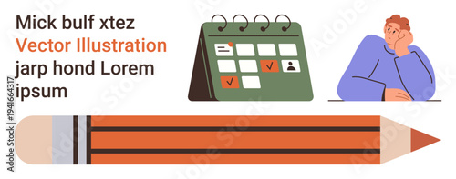 Time management, planning, productivity, creativity, scheduling, personal reflection. Visual shows calendar, person contemplating pencil. Time management and planning visualization