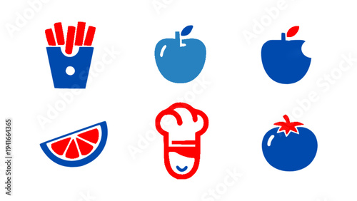 Flat food icons featuring fries, apple, carrot, tomato, and watermelon slice.