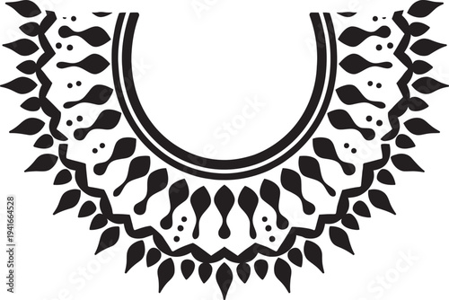 Beautiful black and white neckline embroidery design with ethnic tribal mandala style for fashion clothing.