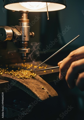 Detailed view of a skilled jeweler preparing to fuse pure golden granules using specialized equipment in a traditional workshop setting ,golden ,pure ,gold