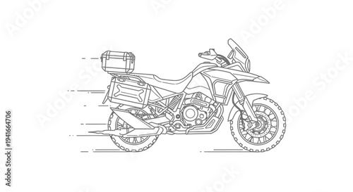 Adventure Motorcycle Line Art Drawing, Touring Bike with Luggage, Motion Blur