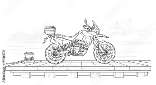 Adventure Motorcycle on Wooden Pier Dock with Boats in Background