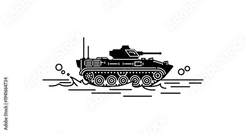 Amphibious Armored Vehicle Crossing Water, Military Tank Illustration