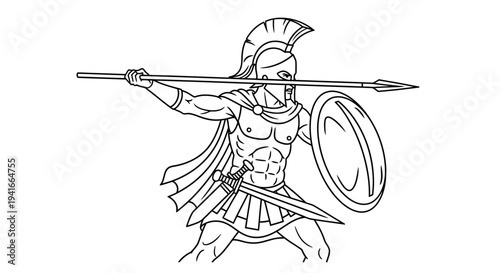 Ancient Greek Warrior Holding Spear and Shield, Ready for Battle