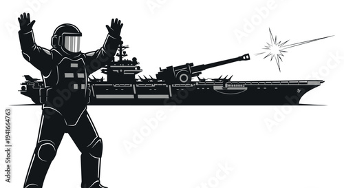 Aircraft Carrier Deck Crew Member Directing Operations with Hands Up