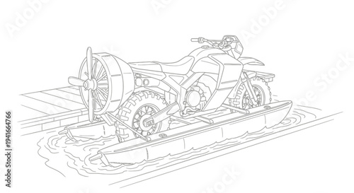 Amphibious Motorcycle with Propeller and Floats on Water