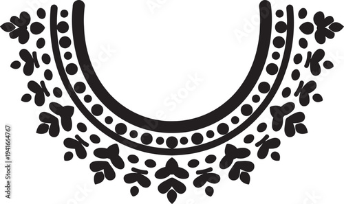 Beautiful ethnic neckline pattern for clothing with black floral motifs and decorative dot borders.