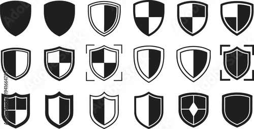 Security Shield Protection Icon Set with Safety Guard Badges for Cyber Security, Antivirus Protection, Privacy Defense, Insurance Symbols and Secure Technology Applications