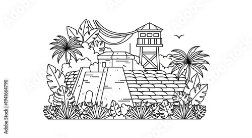 Ancient Mayan Pyramid Temple with Watchtower and Tropical Jungle Foliage, Line Art