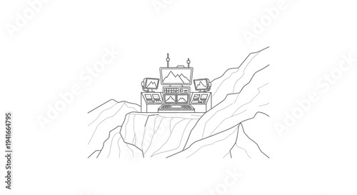 Ancient Monastery on Mountain Cliff: Black and White Line Art Illustration