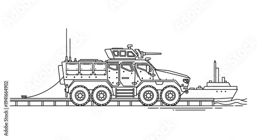 Armored Military Vehicle Loading onto Cargo Ship via Ramp