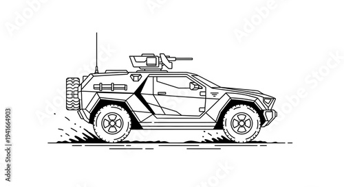 Armored Military Vehicle with Machine Gun, Off-Road, Black and White Line Art
