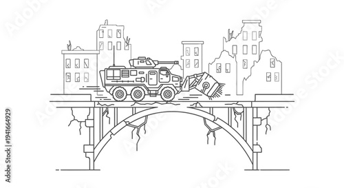 Armored Vehicle Crossing Damaged Bridge in Ruined City