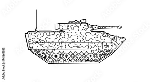 Armored Personnel Carrier Military Vehicle Line Art Camouflage Outline Vector Illustration