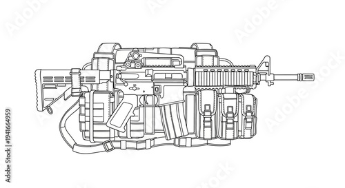 Assault Rifle Blueprint: Detailed Line Art of Modern Combat Weapon