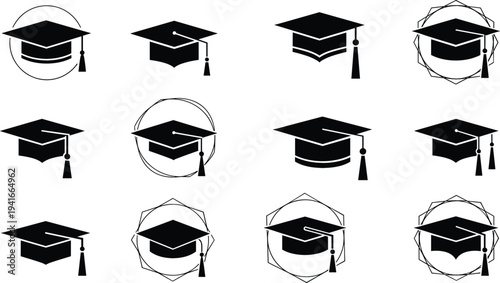 Graduation Cap Icon Set with Academic Mortarboard Symbols for Education Achievement, University Degree Completion, Student Success, and School Interface Design