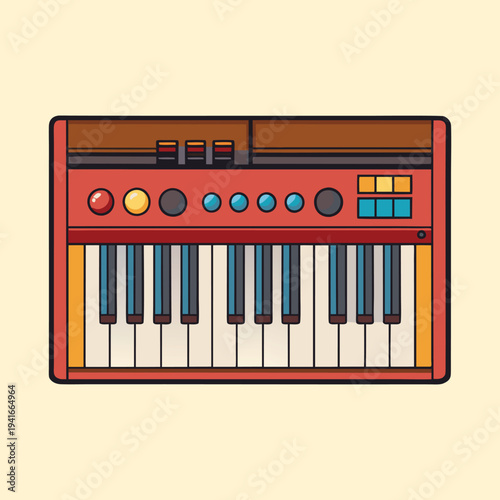 Retro Synth Keyboard Illustration with Round Knobs and Button Controls