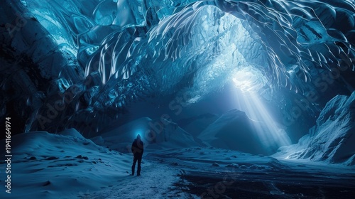 Man standing in a mystical ice cave with glowing light.
