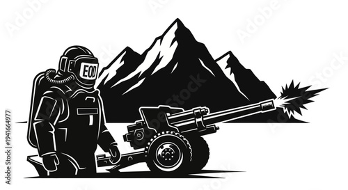 Astronaut firing cannon in mountains, eco-friendly concept