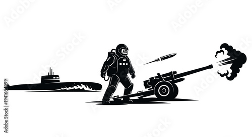 Astronaut firing cannon next to submarine, surreal war concept