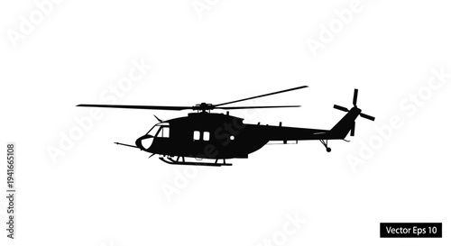 Black Silhouette of a Military Helicopter in Flight on White Background