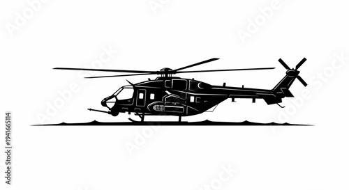 Black Silhouette of a Modern Helicopter in Flight, Isolated on White Background