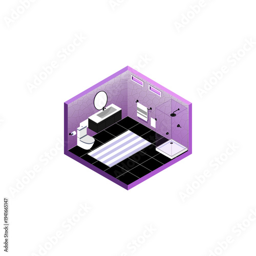 Modern Isometric Bathroom Interior Design with Purple Stone Texture Walls, Glass Shower, and Minimalist Vanity