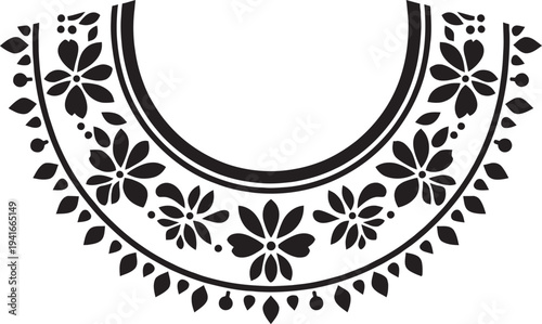 Elegant black floral neckline ornament design for ethnic apparel embroidery and textile print decoration.
