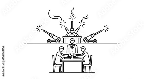 Business Deal Negotiation with Cannons and Explosions Symbolizing High Stakes