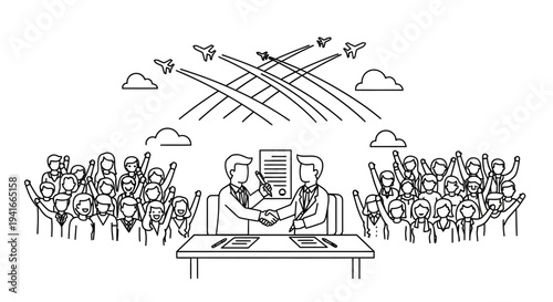 Business Partnership Agreement Handshake with Cheering Crowd and Airplanes
