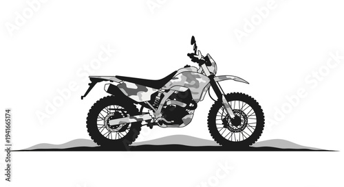 Camouflaged Dirt Bike on Rough Terrain, Off-Road Motorcycle Adventure