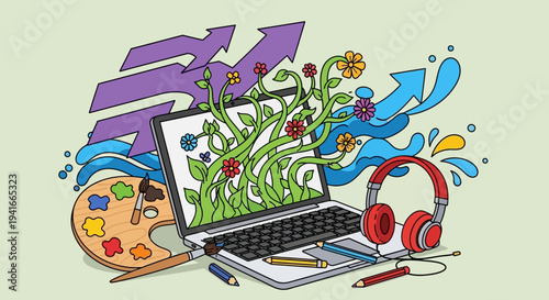 Creative Growth and Digital Art Illustration with Laptop and Artistic Elements.