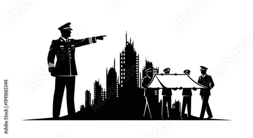 Leader Directs Team Carrying Large Object Against City Skyline Silhouette