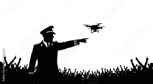 Leader directing drone over crowd, surveillance, control, technology, protest, revolution