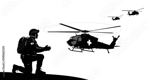 Medic rescue helicopter landing for soldier evacuation in remote area, military medical support