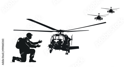Medic Kneels, Helicopter Arrives for Evacuation, Military Medical Rescue