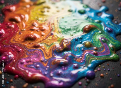 Vibrant Rainbow Metallic Paint Splatter with Swirling Colors and Glittery Texture on Dark Surface Macro Shot