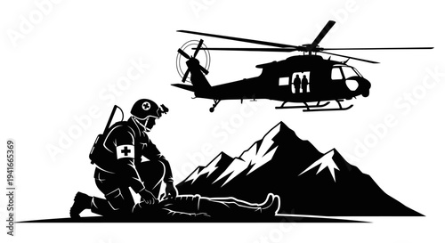 Medical Helicopter Rescue: Medic Tends to Injured Person in Mountains