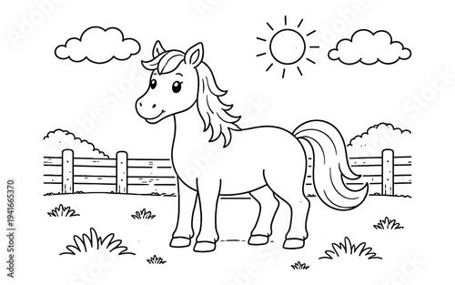 Cute cartoon horse standing in a field with a fence, sun, and clouds