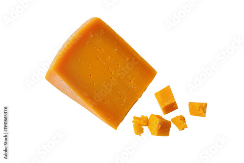 Quadro em tela Delicious vibrant orange cheddar cheese wedge and scattered cubes, isolated PNG