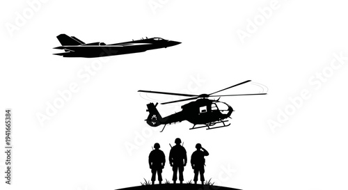 Military Air Power: Jet, Helicopter, and Soldiers Silhouette in Formation