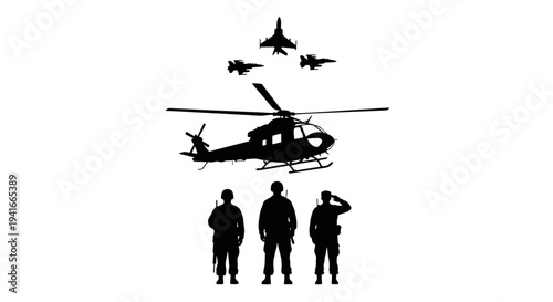 Military Air and Ground Forces: Soldiers, Helicopter, and Fighter Jets in Formation