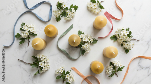 Wallpaper Mural Beltane Altar Flat Lay with Flowers Candles and Ribbons. Minimalist overhead arrangement of yellow candles, hawthorn blossoms, colorful ribbons on white marble surface Torontodigital.ca