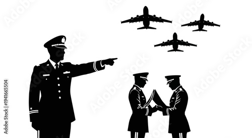 Military commander directing air force planes, officers salute, leadership, strategy, aviation