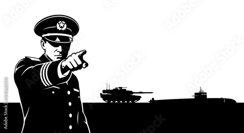 Military Commander Directing Forces: Tank and Submarine in Silhouette