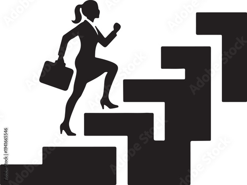 Silhouette of a determined businesswoman in a suit, carrying a briefcase, running up a staircase, symbolizing career advancement and ambition.