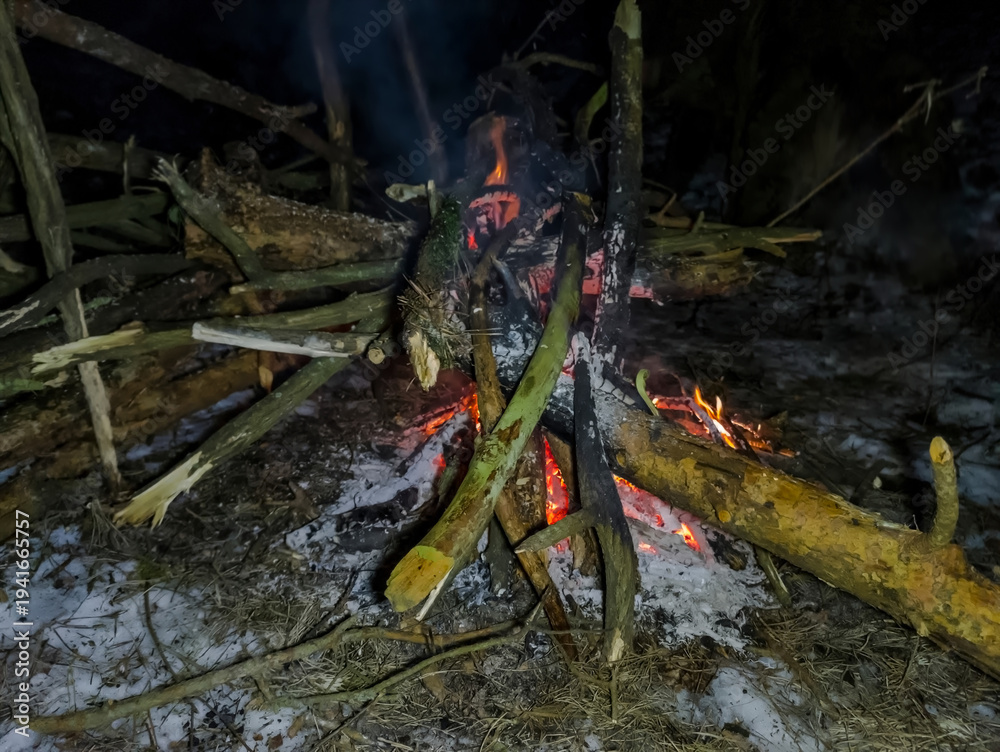 Obraz premium Ognisko na zimowym kampingu w lesie. Ognisko otoczone nieregularnie ułożonymi kłodami drewna w zimowej scenerii lasu. Ogień płonie pomarańczowymi i czerwonymi żarami, rzucając ciepłą poświatę .