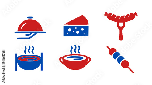 Simple food icons including serving tray, soup bowl, cheese, sausage, and food skewer.