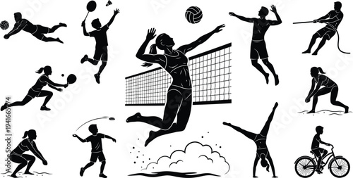 Summer Sports and Team Athletics Linocut Illustration Set